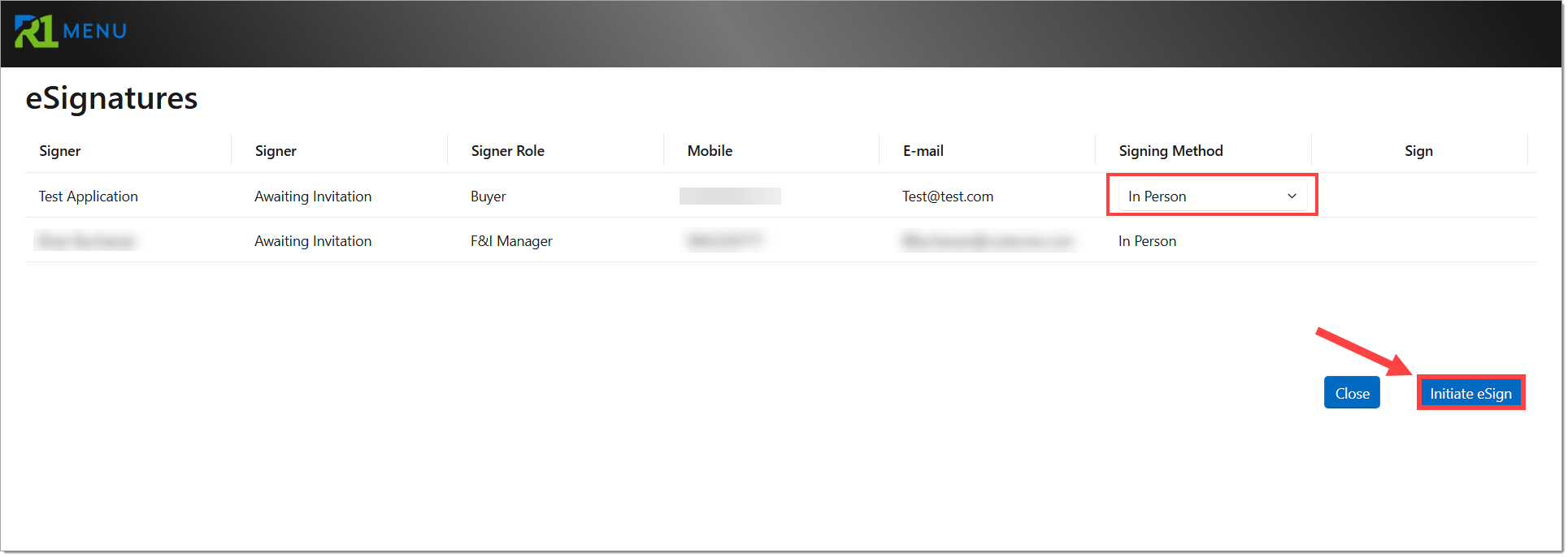 The ‘Signing Room’ with the Buyer’s ‘Signing Method’ dropdown set to “In Person” and highlighted by a box and the ‘Initiate eSign’ button highlighted by a box with an arrow pointing to it.