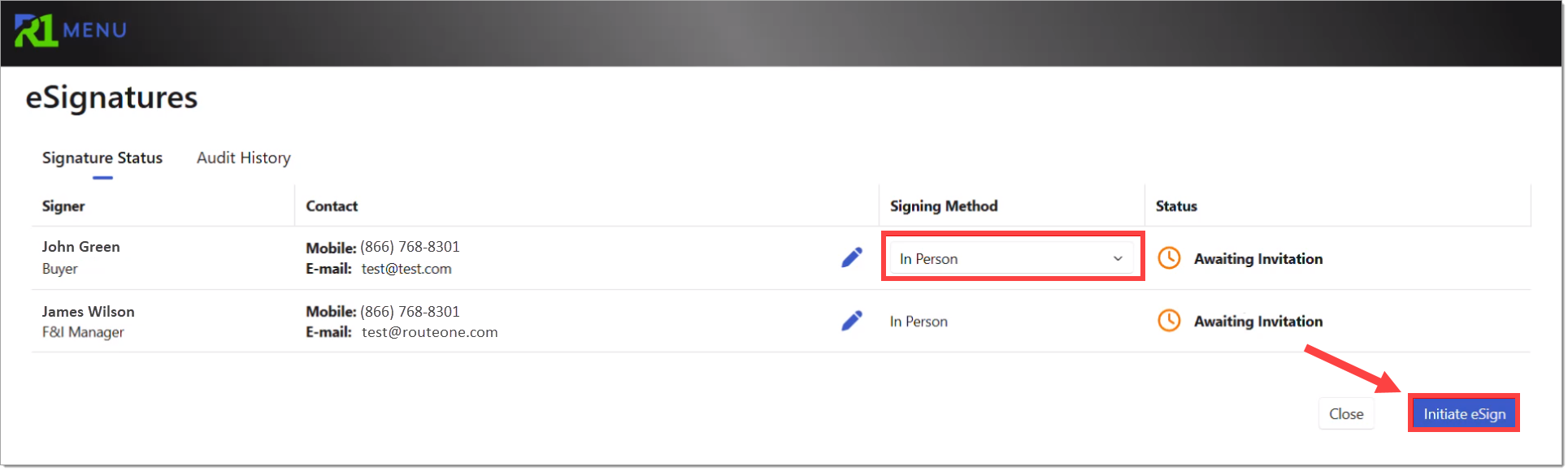 The ‘Signing Room’ with the Buyer’s ‘Signing Method’ dropdown set to “In Person” and highlighted by a box and the ‘Initiate eSign’ button highlighted by a box with an arrow pointing to it.