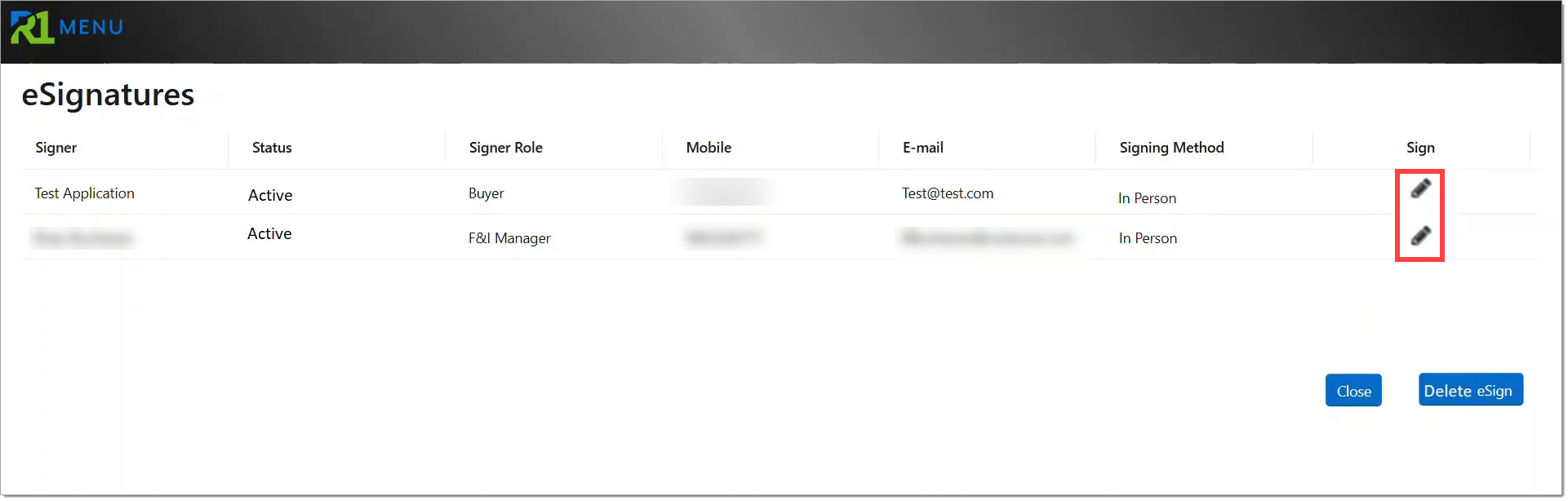 The ‘Signing Room’ with pencil icons present in the ‘Sign’ column for both signers with ‘Signing Method’ set to “In Person” and highlighted by a box.