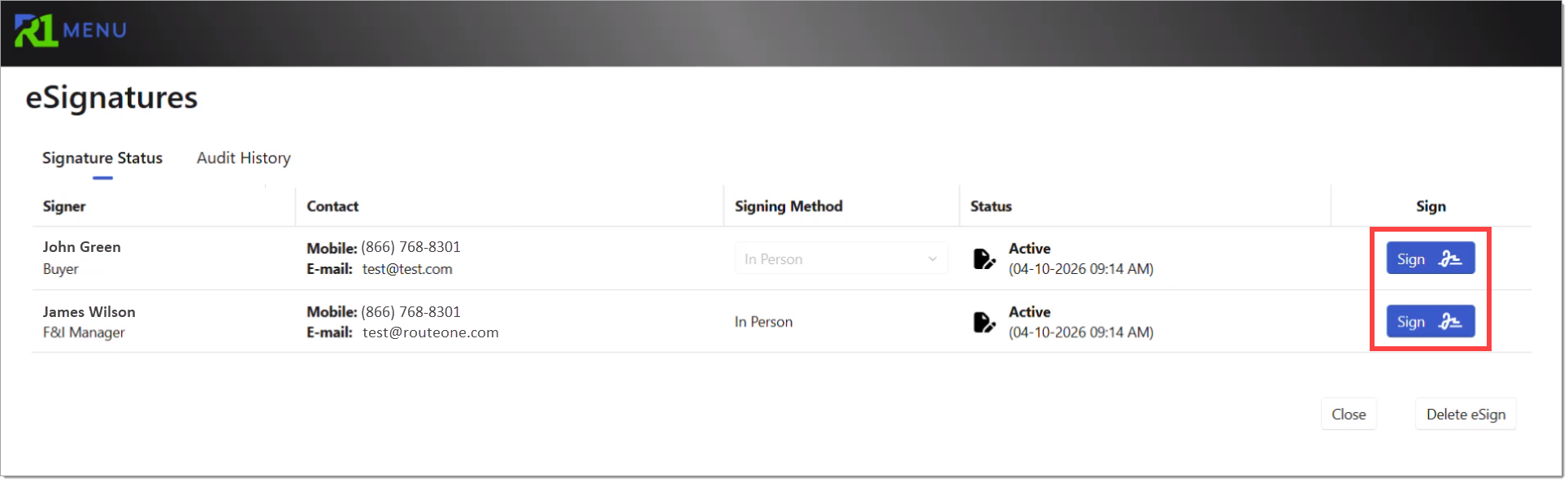 The ‘Signing Room’ with 'Sign’ buttons present in the ‘Sign’ column and highlighted by a box.