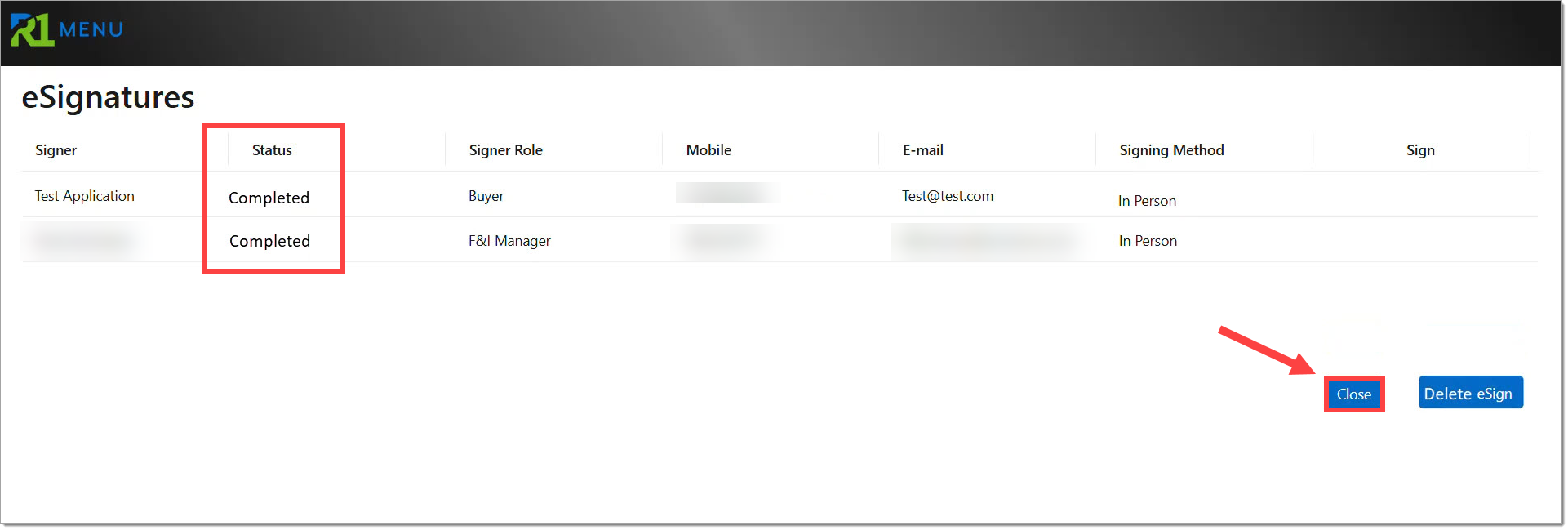 The Signing Room with the ‘Status’ of all signers marked as “Completed” and highlighted by a box, and the ‘Close’ button highlighted by a box with an arrow pointing to it.