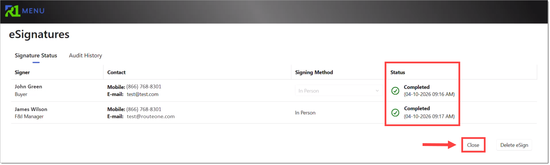 The Signing Room with the ‘Status’ of all signers marked as “Completed” and highlighted by a box, and the ‘Close’ button highlighted by a box with an arrow pointing to it.