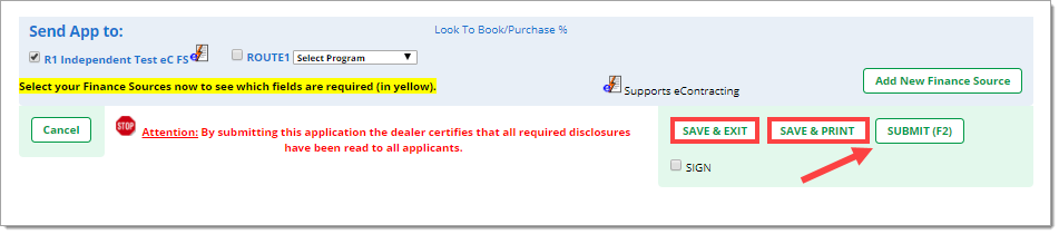 The bottom of the Individual App page with boxes highlighting the ‘Save and Exit’ and ‘Save and Print’ buttons, and an arrow pointing to the ‘Submit (F2)’ button.