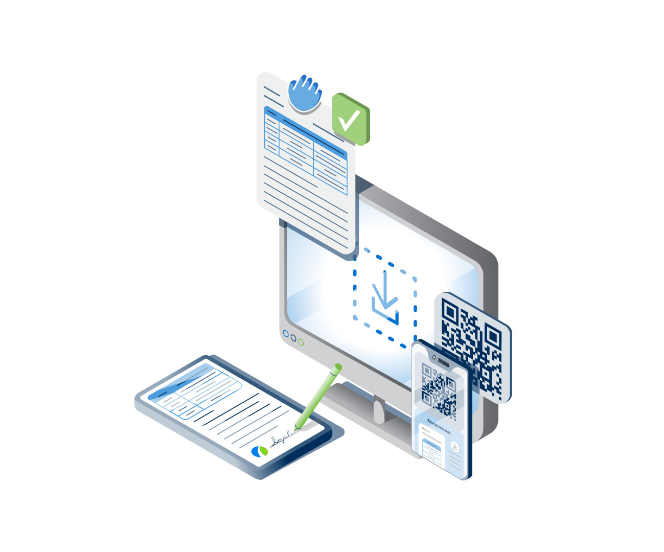 Illustrations of phone tablet and computer screen