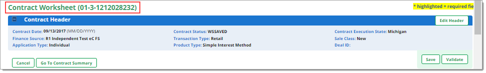 The top of the Contract Worksheet page with the ’Contract Worksheet (01-3-121202832)’ header highlighted by a box.
