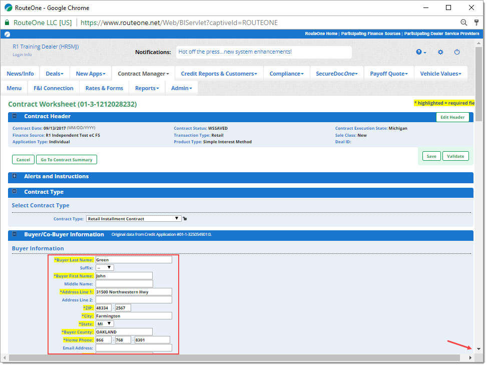 A wider view of the Contract Worksheet page, with the fields in the ‘Buyer/Co-Buyer Information’ section highlighted by a box.  There is an arrow pointing to the down arrow of the browser’s scroll bar.