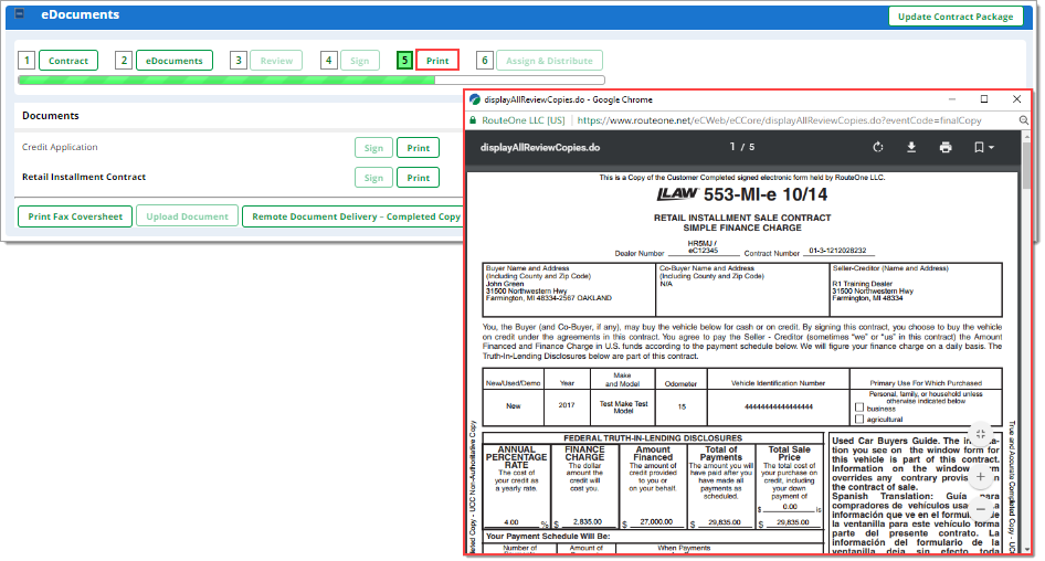 The eDocuments section with the ‘Print’ button highlighted by a box.  The resulting window showing the PDF to be printed is visible and highlighted.