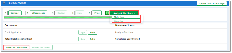 The eDocuments section, with the ‘Assign & Distribute’ button highlighted and clicked on, resulting in a highlighted drop-down menu with the options ‘Right Now’ and ‘After Fax’.  The ‘Print Fax Coversheet’ button in the bottom left of the section is highlighted by a box.