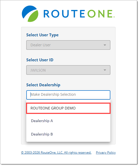 The RouteOne Login screen with the ‘User Type’ and ‘User ID’ selected and the ‘Select Dealership’ dropdown menu expanded with the ‘ROUTEONE GROUP DEMO’ example dealer group highlighted by a box.