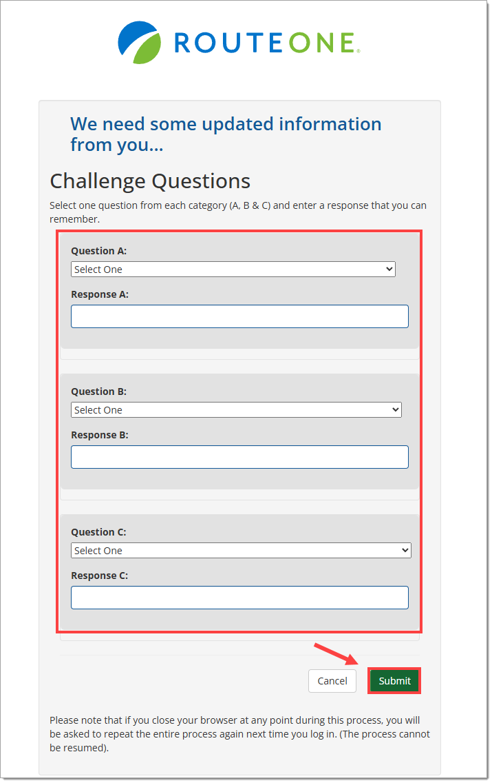 The Challenge Questions section of first-time login with ‘Questions A, B, and C’ highlighted by a box and the ‘Submit’ button highlighted by a box with an arrow pointing to it.