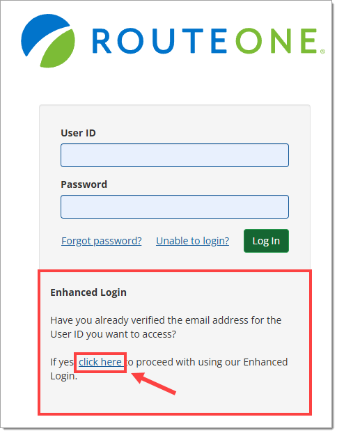 The Login page with the ‘Enhanced Login’ section highlighted by a box and the ‘click here’ link highlighted by a box with an arrow pointing to it.