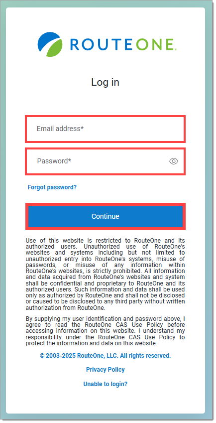 The login page of the RouteOne system with the ‘Email address’ and ‘Password’ fields and the ‘Continue’ button highlighted by boxes.