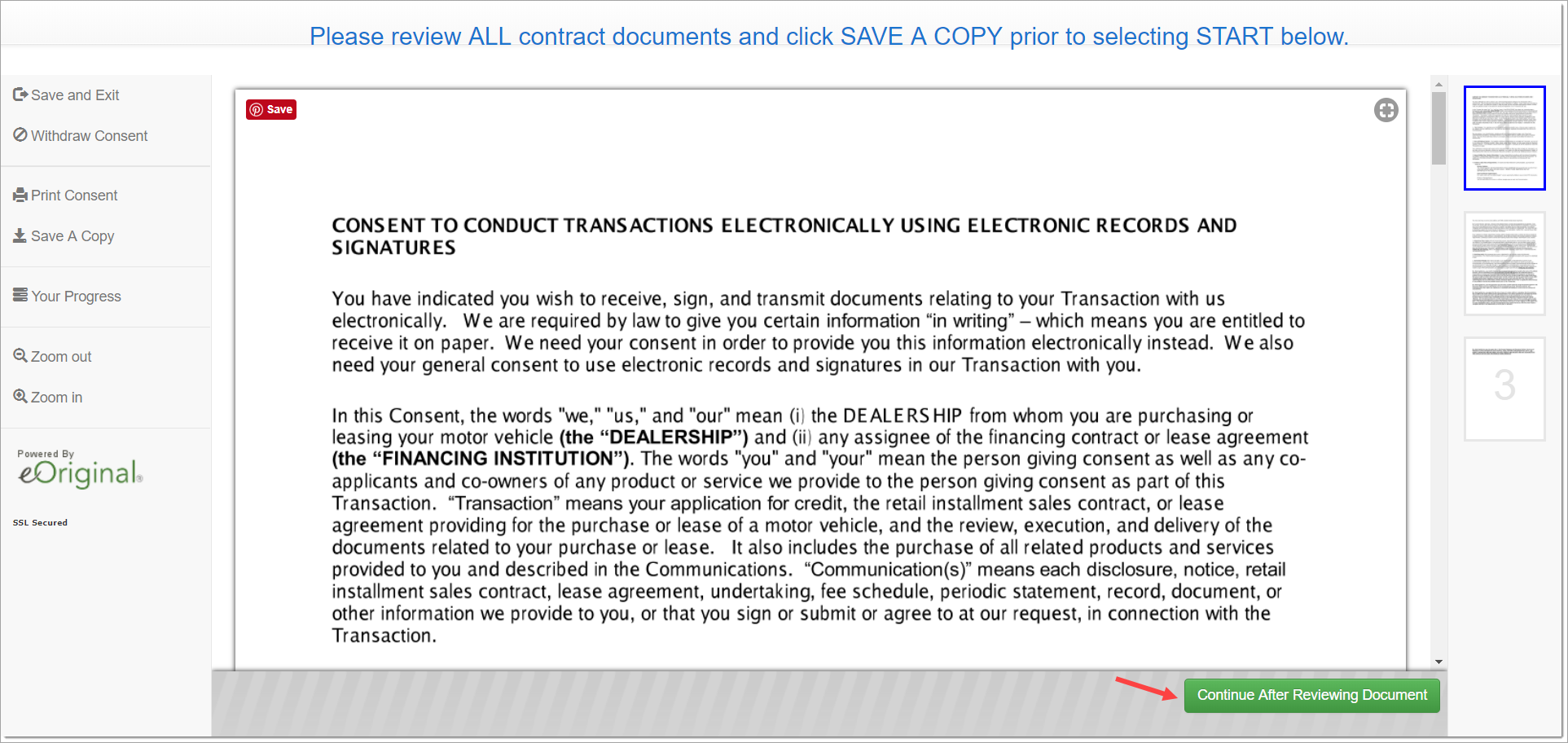In signing room, review ‘ESIGN Consent’ document, click ‘Continue After Reviewing Document’