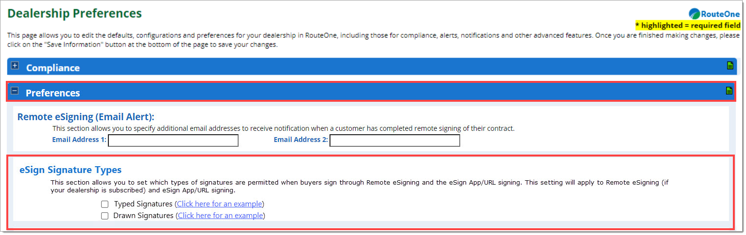 Box around ‘Preferences’ header. Box around ‘eSign Signature Types’ section. 