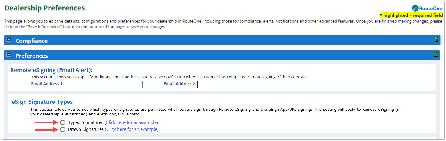 Arrows pointing to ‘Typed Signatures’ and ‘Drawn Signatures’ checkboxes.  