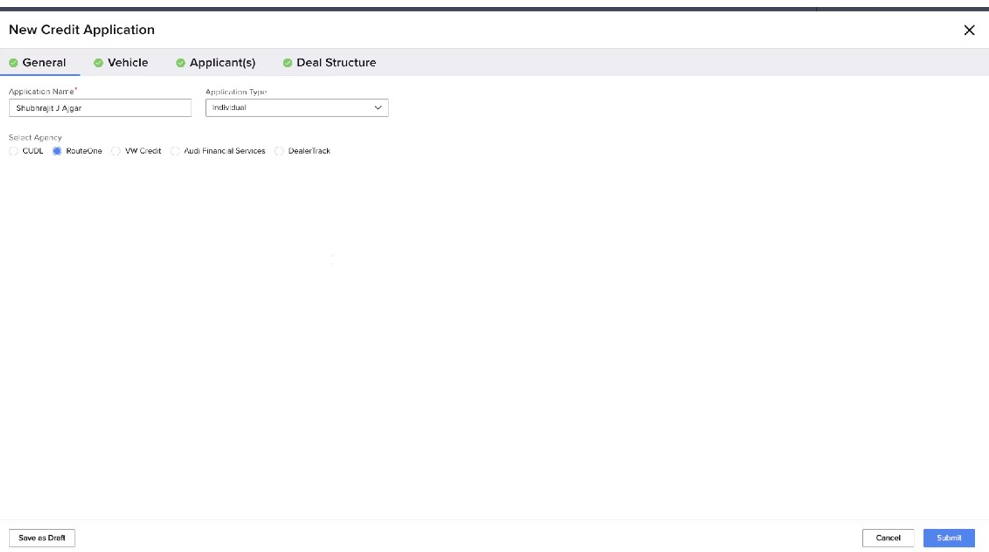 Tekion User Guide new credit application RouteOne agency selection