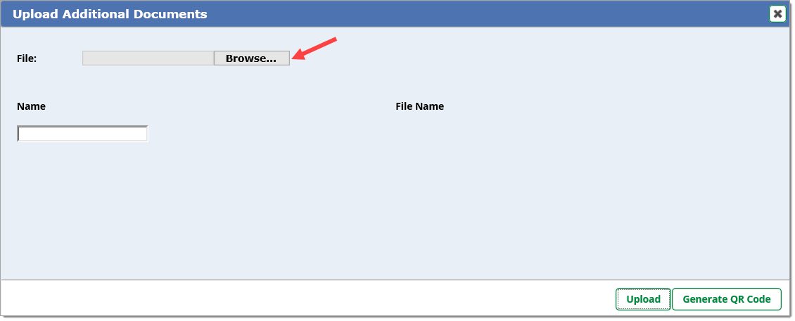 The ‘Upload Additional Documents’ pop-up window with an arrow pointing to the ‘Browse...’ button.